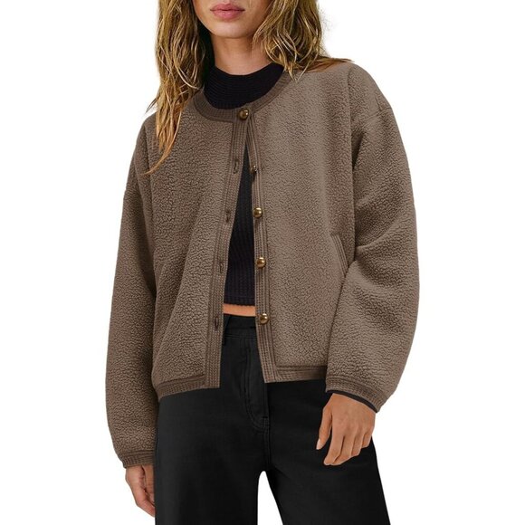 Womens Sherpa Fleece Cardigan Small Loose Fit Cozy Winter Jacket Open Knit